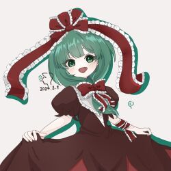 Rule 34 | 1girl, arm ribbon, bow, dated, dress, frilled bow, frilled ribbon, frills, front ponytail, green eyes, green hair, hair bow, hair ribbon, highres, kagiyama hina, lifted by self, looking at viewer, moaixiang59173, open mouth, puffy short sleeves, puffy sleeves, red bow, red dress, red ribbon, ribbon, short sleeves, smile, solo, touhou
