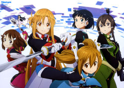 Rule 34 | 10s, 6+girls, :d, absurdres, aizawa takahiko, anklet, asada shino, asuna (sao), asuna (sword art online), bare shoulders, barefoot, belt, belt skirt, black eyes, blue eyes, blue gloves, blunt bangs, bow, braid, breasts, brown eyes, brown hair, buttons, child, choker, cleaned, closed mouth, detached collar, dress, elbow gloves, fairy, fairy wings, flying, freckles, french braid, glasses, gloves, gun, hair between eyes, half updo, headset, high collar, highres, holding, holding gun, holding shield, holding sword, holding weapon, jewelry, juliet sleeves, kirigaya suguha, leaning forward, light smile, lisbeth (sao), long hair, long sleeves, looking at viewer, looking back, mace, medium breasts, mini person, minigirl, multiple girls, newtype, official art, open mouth, orange eyes, orange hair, outstretched arms, parted bangs, parted lips, pink gloves, puffy sleeves, purple eyes, rifle, rimless eyewear, scan, shield, short dress, short hair, short hair with long locks, sidelocks, silica, sinon, sinon (sao:hf), size difference, small breasts, smile, sniper rifle, spread arms, strapless, strapless dress, sword, sword art online, sword art online the movie: ordinal scale, transparent wings, twintails, uniform, very long hair, weapon, white gloves, wings, yui (sao), yui (sao-alo), yui (sword art online)