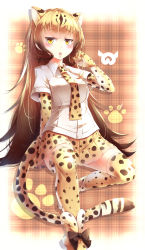Rule 34 | 10s, 1girl, :o, absurdres, animal ears, animal print, blonde hair, cheetah (kemono friends), cheetah ears, cheetah tail, commentary request, gloves, gradient hair, highres, japari symbol, kanzakietc, kemono friends, long hair, looking at viewer, multicolored hair, necktie, open mouth, paw print, short sleeves, skirt, solo, tail, thighhighs, yellow eyes