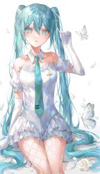 Rule 34 | 1girl, absurdres, aqua hair, aqua necktie, bare shoulders, bug, butterfly, commentary, cowboy shot, detached collar, dress, elbow gloves, falling petals, fishnet pantyhose, fishnets, flower, frilled dress, frills, gloves, gradient background, hair between eyes, hand up, hatsune miku, highres, insect, kinakomocci518, light blush, long hair, looking at viewer, miku day, necktie, pantyhose, parted lips, petals, sitting, solo, twintails, very long hair, vocaloid, white dress, white flower, white gloves