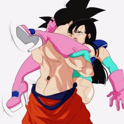 Rule 34 | 1boy, 1girl, biceps, black eyes, black hair, breasts, chi-chi (dragon ball), couple, dragonball z, gloves, grabbing another&#039;s hair, hetero, highres, husband and wife, long hair, muscular, muscular arms, muscular back, muscular male, nala1588, open mouth, pink footwear, pink gloves, pink legwear, sex, son goku, tagme, topless, topless male