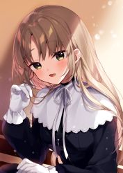 Rule 34 | 1girl, black dress, blush, breasts, brown eyes, brown hair, dress, gloves, habit, hair between eyes, hand up, long hair, long sleeves, looking at viewer, medium breasts, neck ribbon, nijisanji, nun, open mouth, parted bangs, ribbon, sister claire, sister claire (1st costume), sitting, solo, traditional nun, virtual youtuber, white gloves, white ribbon, yamabukiiro