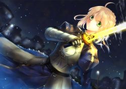 Rule 34 | 1girl, ahoge, armor, armored dress, artoria pendragon (fate), bad id, bad pixiv id, blonde hair, breastplate, chest plate, fate/stay night, fate (series), green eyes, juliet sleeves, lamppost, long sleeves, puffy sleeves, saber (fate), serious, solo, yanagi makoto