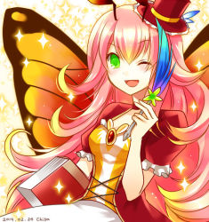 Rule 34 | 1girl, antennae, artist name, bad id, bad pixiv id, butterfly wings, chisa, dated, fairy, green eyes, hat, insect wings, long hair, mini hat, mini top hat, one eye closed, open mouth, parrot (p&amp;d), pink hair, puzzle &amp; dragons, smile, solo, top hat, wings