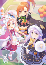 Rule 34 | 3girls, animal hat, animal hood, braid, button eyes, buttons, hair between eyes, hair ornament, halloween, hat, highres, hood, kyouka (halloween) (princess connect!), kyouka (princess connect!), long hair, looking at viewer, mimi (halloween) (princess connect!), mimi (princess connect!), misogi (halloween) (princess connect!), misogi (princess connect!), multiple girls, navel, open mouth, princess connect!, rabbit hair ornament, rabbit hat, reaching, reaching towards viewer, shimon (31426784), smile, striped clothes, striped thighhighs, stuffed animal, stuffed rabbit, stuffed toy, thighhighs, twin braids, yellow eyes