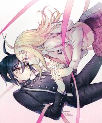 Rule 34 | 1boy, 1girl, ahoge, akamatsu kaede, artist name, backpack, bag, belt, black belt, black hair, black jacket, black pants, blonde hair, breasts, brown eyes, brown necktie, buttons, commentary request, dalrye v3, danganronpa (series), danganronpa v3: killing harmony, double-breasted, english text, fortissimo, gradient background, grey background, grey shirt, hair ornament, jacket, large breasts, long hair, long sleeves, looking at another, musical note, musical note hair ornament, necktie, pants, pink eyes, pink ribbon, pink skirt, pink vest, pleated skirt, ribbon, saihara shuichi, shirt, skirt, smile, striped clothes, striped jacket, striped pants, tearing up, vest