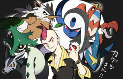 Rule 34 | 1boy, absol, bracelet, cacturne, collarbone, collared shirt, commentary request, crawdaunt, creatures (company), elite four, game freak, gen 3 pokemon, hand up, holding, holding poke ball, jacket, jewelry, looking at viewer, male focus, mightyena, nibo (att 130), nintendo, parted lips, poke ball, poke ball (basic), pokemon, pokemon (creature), pokemon oras, sharpedo, shiftry, shirt, short hair, sidney (pokemon), sleeves rolled up, smirk, translation request, yellow shirt