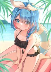 Rule 34 | 1girl, absurdres, arona (blue archive), bare shoulders, bikini, black bikini, blue archive, blue eyes, blue hair, blunt bangs, blush, breasts, closed mouth, collarbone, commentary request, feet, full body, hair over one eye, hair over shoulder, halterneck, headband, highres, innertube, legs, long hair, looking at viewer, multicolored hair, narurock8925, ocean, outdoors, pink hair, sitting, small breasts, smile, solo, streaked hair, swim ring, swimsuit, wariza, white headband