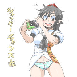 Rule 34 | 1girl, aono3, black hair, blush, bow, bow panties, brown eyes, camera, hat, holding, looking down, navel, no pants, open mouth, panties, pointy ears, shameimaru aya, simple background, smile, solo, striped clothes, striped panties, tokin hat, touhou, underwear