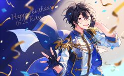 Rule 34 | 1boy, black gloves, black hair, commentary, confetti, dated, english text, ensemble stars!, epaulettes, fingerless gloves, gloves, hair between eyes, happy birthday, high collar, long sleeves, male focus, microphone, open mouth, red eyes, sakuma ritsu, seuga, short hair, sleeves past elbows, solo, upper body
