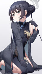 Rule 34 | 1girl, absurdres, black dress, black footwear, black gloves, black jacket, blue archive, breasts, china dress, chinese clothes, dragon print, dress, gloves, gradient background, grey background, grey eyes, hair bun, halo, highres, jacket, kisaki (blue archive), kneeling, long hair, looking at viewer, pizza (pizzania company), print dress, shoes, small breasts, solo, striped clothes, striped jacket, thighs, twintails, vertical-striped clothes, vertical-striped jacket