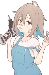 Rule 34 | 1girl, 1ssakawaguchi, :3, bandaid, bandaid on cheek, bandaid on face, bandaid on nose, blue hair, blue overalls, brown hair, collarbone, colored inner hair, commentary, do it yourself!!, fang, hand drill, hand up, holding, holding nail, looking at viewer, multicolored hair, nail, open mouth, overalls, power drill, power tool, red eyes, shirt, short hair, short sleeves, simple background, skin fang, solo, two-tone hair, upper body, white background, white shirt, yua serufu
