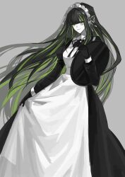 Rule 34 | 1girl, alfonso (project moon), apron, ashi (dongshi389), barcode, barcode tattoo, black dress, dress, frilled apron, frills, green hair, green trim, highres, limbus company, maid, maid apron, maid headdress, multicolored hair, project moon, solo, streaked hair, tattoo, waist apron, white apron