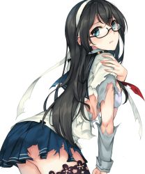 Rule 34 | 10s, 1girl, ass, black hair, blue eyes, blue skirt, epaulettes, from side, glasses, hair between eyes, hand on own arm, headband, highres, kantai collection, long hair, long sleeves, looking at viewer, ooyodo (kancolle), pleated skirt, rinarisa, school uniform, serafuku, simple background, skirt, solo, thighhighs, torn clothes, white background