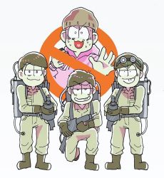 Rule 34 | 10s, 4boys, antimatter weapon, beanie, boots, brothers, brown hair, directed-energy weapon, energy gun, energy weapon, ghostbusters, goggles, goggles on head, grin, hat, heart, heart in mouth, hood, hoodie, japoland, jumpsuit, kneeling, male focus, matsuno choromatsu, matsuno ichimatsu, matsuno osomatsu, matsuno todomatsu, messy hair, multiple boys, osomatsu-kun, osomatsu-san, parody, particle-beam weapon, particle thrower, proton pack, shaded face, siblings, simple background, smile, sweat, uniform, weapon, white background