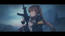Rule 34 | 1girl, :3, absurdres, armband, bad id, bad pixiv id, black bow, black gloves, black jacket, black ribbon, black skirt, blush, bow, breasts, brown eyes, brown hair, buckle, closed mouth, cloud, cloudy sky, fingerless gloves, girls&#039; frontline, gloves, gun, h&amp;k ump, hair bow, hair ornament, hairclip, highres, holding, holding weapon, jacket, letterboxed, long hair, neck ribbon, nitro (mugityaoisii), open clothes, open jacket, outdoors, ribbon, scarf, shirt, skirt, sky, smile, solo, submachine gun, twintails, ump9 (girls&#039; frontline), upper body, weapon, white shirt