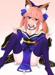 Rule 34 | 1girl, absurdres, animal ear fluff, animal ears, bare shoulders, blue kimono, blue ribbon, blue thighhighs, blush, breasts, cleavage, detached sleeves, double fox shadow puppet, fang, fate/extella, fate/extra, fate/grand order, fate (series), fox ears, fox girl, fox shadow puppet, fox tail, gradient background, hair ribbon, highres, japanese clothes, kimono, large breasts, looking at viewer, nanju bami, pink hair, ribbon, skin fang, solo, spread legs, tail, tamamo (fate), tamamo no mae (fate/extra), thighhighs, yellow eyes