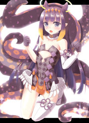 Rule 34 | 1girl, bare shoulders, black dress, black gloves, blue eyes, blush, breasts, brown hair, collarbone, commentary request, detached sleeves, dress, fuyuki8208, gloves, gradient hair, half gloves, halo, hands up, heart, hololive, hololive english, letterboxed, long hair, long sleeves, looking at viewer, multicolored hair, ninomae ina&#039;nis, ninomae ina&#039;nis (1st costume), open mouth, purple hair, single detached sleeve, single thighhigh, small breasts, solo, strapless, strapless dress, tentacles, thighhighs, very long hair, virtual youtuber, white background, white sleeves, white thighhighs