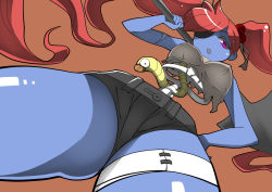 Rule 34 | 1girl, :o, bad id, bad pixiv id, bandages, blue skin, bone, breasts, colored skin, covered erect nipples, crop top, dutch angle, eyepatch, from below, hair bobbles, hair ornament, hair over one eye, hair ribbon, hand on own hip, holding, large breasts, long hair, looking at viewer, looking down, maggot, original, parted bangs, perspective, purple eyes, red eyes, red hair, ribbon, scar, sharekoube, short hair, short shorts, shorts, shovel, simple background, solo, thighs, torn clothes, twintails, very long hair, worktool, worm, zombie, zoni-ko