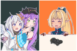 Rule 34 | 3girls, amane kanata, brown hair, closed eyes, commentary request, controller, dark-skinned female, dark skin, game controller, green eyes, hair ornament, hairclip, hat, highres, hololive, kabanoki, long hair, meme, multiple girls, pointing, pointy ears, ponytail, purple eyes, shiranui flare, shiranui flare (old design), short hair, silver hair, simple background, tears, tokoyami towa, twintails, virtual youtuber, woman yelling at cat (meme)