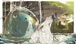 Rule 34 | &gt; &lt;, 1girl, braid, dress, fish, laughing, low twintails, monster, open mouth, original, outdoors, parallela66, reflection, twintails, twitter username, water, waterfall, wedding dress, wet, wet clothes, white border