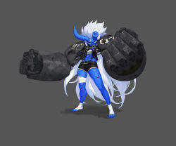 Rule 34 | 1girl, abs, absurdres, bandages, bandaged foot, bandaged foot, bandaged leg, bandages, belt, black collar, black jacket, blue skin, broken horn, clenched hands, collar, colored skin, dgk, grey background, grin, highres, horns, jacket, long hair, mechanical arms, muscular, muscular female, navel, no pupils, oni, open clothes, open jacket, original, scar, scar across eye, scar on face, scratches, simple background, smile, solo, spiked collar, spiked jacket, spikes, standing, studded belt, teeth, very long hair, white hair