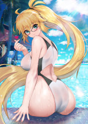 Rule 34 | 1girl, absurdres, ahoge, ass, back, bad id, bad pixiv id, bare shoulders, blonde hair, blue eyes, blush, breasts, closed mouth, competition swimsuit, fate/grand order, fate (series), glasses, hair between eyes, heart, highleg, highleg swimsuit, highres, jeanne d&#039;arc (fate), jeanne d&#039;arc (ruler) (fate), jeanne d&#039;arc (swimsuit archer) (fate), jeanne d&#039;arc (swimsuit archer) (second ascension) (fate), large breasts, long hair, looking at viewer, mergerri, one-piece swimsuit, ponytail, pool, poolside, sitting, smile, solo, sparkle, sunlight, swimsuit, very long hair, wet, white one-piece swimsuit