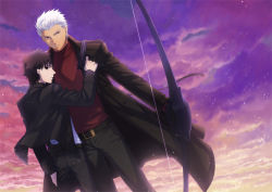 2boys aged_down ao_(sodalite) archer_(fate) black_eyes black_hair bow_(weapon) dark-skinned_male dark_skin emiya_kiritsugu fate/stay_night fate/zero fate_(series) father_and_son gun male_focus multiple_boys sky weapon white_hair