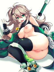 Rule 34 | 1girl, absurdres, ahoge, anus, ass, bare shoulders, black gloves, black shirt, black thighhighs, blur censor, breasts, brown hair, censored, clothes lift, elsword, fingerless gloves, gloves, green eyes, green leg warmers, hair between eyes, highres, inward v, jewelry, jo an, leg warmers, lithia beryl (elsword), looking at viewer, lying, medium breasts, necklace, nipples, on side, one side up, open mouth, pussy, shirt, shirt lift, shoes, single leg warmer, single thighhigh, sleeveless, sleeveless shirt, solo, thighhighs, v