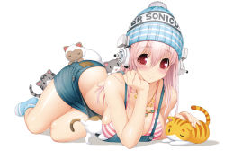 Rule 34 | 1girl, beanie, bikini, bikini top only, blush, breasts, cat, character name, hand on own chin, hat, headphones, highres, large breasts, light smile, long hair, looking at viewer, nitroplus, overalls, pink hair, red eyes, simple background, socks, solo, super sonico, swimsuit, tsuji santa, white background