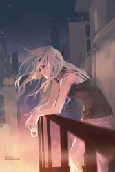 Rule 34 | 1girl, aqua eyes, arm rest, bare shoulders, bra, camisole, carciphona, city, cityscape, from side, leaning forward, long hair, night, pants, profile, railing, shilin, sky, solo, star (sky), starry sky, underwear, veloce visrin, white hair, wind