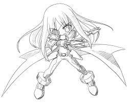 Rule 34 | 00s, 1girl, anklet, belt, beret, bodysuit, buckle, cape, cinque (nanoha), eyepatch, full body, greyscale, hat, jewelry, long hair, looking at viewer, lyrical nanoha, mahou shoujo lyrical nanoha, mahou shoujo lyrical nanoha strikers, monochrome, numbers (nanoha), shoes, simple background, solo, u-ka, uka, very long hair, white background