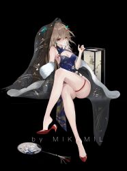 Rule 34 | 1girl, absurdres, artist name, bare shoulders, black background, blue dress, character name, chinese clothes, dress, feet, full body, girls&#039; frontline, high heels, highres, legs, long hair, mikamil, red eyes, red footwear, red nails, shoe dangle, sitting, solo, sp9 (girls&#039; frontline), sp9 (pride of the winter orchid) (girls&#039; frontline)