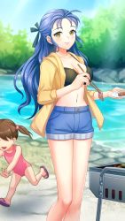 Rule 34 | 2girls, ahoge, bare legs, bikini, bikini top only, black bikini, black ribbon, blue hair, blue shorts, blurry, blurry background, blush, breasts, brown eyes, chopsticks, cleavage, closed mouth, collarbone, day, denim, denim shorts, doukyuusei 2, doukyuusei another world, game cg, hair ribbon, holding, holding chopsticks, hood, hood down, hooded jacket, jacket, large breasts, long hair, long sleeves, looking at viewer, midriff, multiple girls, narusawa misako, navel, official art, open clothes, open jacket, outdoors, ribbon, river, short shorts, shorts, smile, solo focus, stomach, swimsuit, yellow jacket