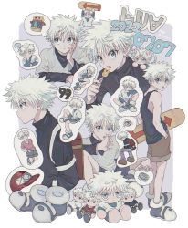 Rule 34 | 1boy, absurdres, bare shoulders, blue eyes, child, commentary request, doll, eating, hat, highres, hunter x hunter, kemonomimi mode, killua zoldyck, looking at viewer, male focus, messy hair, nnnt0c0, number print, open mouth, shirt, shoes, short hair, shorts, simple background, skateboard, sticker, tank top, thought bubble, white hair