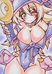 Rule 34 | 1girl, adapted costume, bare legs, bare shoulders, blonde hair, blue leotard, blush stickers, boots, breasts, cameltoe, cleavage, cowboy shot, curvy, dark magician girl, dress, duel monster, green eyes, hat, highleg, highleg leotard, large breasts, leotard, lips, long hair, magical girl, marker (medium), off shoulder, one eye closed, shiny clothes, shiny skin, simple background, skin tight, smile, solo, thighs, thong leotard, traditional media, wide hips, wink, wizard hat, yu-gi-oh!, yutakasan-love