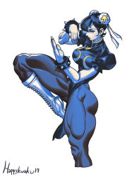Rule 34 | 1girl, bracelet, bun cover, capcom, china dress, chinese clothes, chun-li, double bun, dress, fighting stance, jewelry, jun sung kwak, leg up, muscular, muscular female, pelvic curtain, sash, solo, spiked bracelet, spikes, standing, standing on one leg, street fighter, thick thighs, thighs