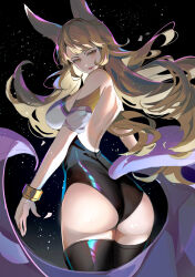 Rule 34 | 1girl, ahri (league of legends), animal ears, ass, black background, black leotard, black thighhighs, blonde hair, breasts, closed mouth, fox ears, from behind, gold bracelet, highres, k/da (league of legends), k/da ahri, kuroha (rockluo213), large breasts, league of legends, leotard, long hair, looking at viewer, looking back, official alternate costume, solo, thighhighs, thighs, very long hair, wavy hair