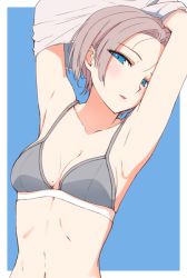 Rule 34 | 1girl, armpits, arms up, blue background, blue eyes, blush, bra, breasts, grey bra, grey hair, hi iro, looking at viewer, mole, mole on breast, mole under eye, navel, original, parted bangs, parted lips, short hair, simple background, solo, underwear, undressing, upper body