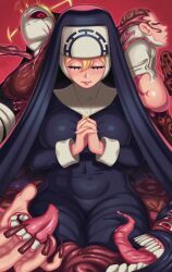 Rule 34 | 1girl, absurdres, blonde hair, breasts, claws, closed eyes, covered navel, cross, cross necklace, crown, double (skullgirls), extra eyes, extra mouth, fingernails, flatillustrator khan, habit, highres, jewelry, large breasts, long fingernails, monster, monster girl, multiple persona, necklace, nun, open mouth, pink lips, praying, red background, red eyes, skullgirls, smile, solo, tongue, tongue out, veins, wide hips