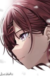 Rule 34 | 1girl, close-up, closed mouth, hair between eyes, hair ornament, hairpin, highres, junshiki, medium hair, mole, mole under eye, original, portrait, purple eyes, purple hair, signature, simple background, solo, split mouth, white background