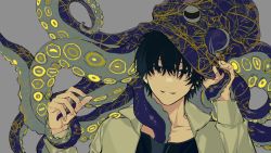 Rule 34 | 1boy, animal, animal on head, black hair, black shirt, blouse, chainsaw man, grey background, hair over eyes, highres, hirofumi yoshida, jacket, looking at viewer, mole, mole under mouth, octopus, on head, sea creature, shirt, short hair, simple background, smile, solo focus, tentacle grab, tentacles, tentacles under clothes, tuzaixia, white jacket