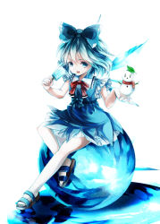 Rule 34 | 1girl, arms up, awa toka, ball, blue dress, blue eyes, blue hair, blue skirt, bow, cirno, dress, hair bow, highres, leaf, leaf on head, matching hair/eyes, object on head, perfect cherry blossom, sandals, scarf, short hair, sitting, skirt, snowman, solo, touhou, wings