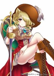 Rule 34 | 1girl, animal ears, ass, blonde hair, boots, bow, breasts, brown eyes, brown footwear, brown hat, cat ears, chair, copyright name, crossed legs, dress, hat, holding, holding sword, holding weapon, medium hair, official art, one eye covered, rapier, red dress, shinkai no valkyrie, simple background, sitting, solo, sword, thighs, weapon, white background, yoshino35