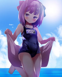 Rule 34 | 1girl, barefoot, blush, bow, cloud, cloudy sky, covered navel, day, fate/grand order, fate (series), hair bow, helena blavatsky (fate), highres, looking at viewer, one-piece swimsuit, purple eyes, purple hair, school swimsuit, shimejinameko, sky, solo, sun, swimsuit, towel