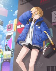 Rule 34 | 1girl, absurdres, alice fiction, androgynous, blonde hair, blue eyes, blue jacket, city, cloud, cloudy sky, female focus, green eyes, headphones, headphones around neck, highres, hyosi, jacket, looking to the side, open mouth, scipio (alice fiction), shirt, short hair, shorts, sky, solo, thighs, white shirt