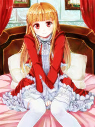Rule 34 | 1girl, blush, brown hair, dress, female focus, frilled dress, frills, hachimoku, indoors, looking at viewer, on bed, original, pillow, rea-sama, red dress, red eyes, ribbon, sitting, smile, solo, thighhighs, white thighhighs