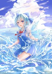 Rule 34 | 1girl, blue bow, blue dress, blue eyes, blue hair, blue sky, blush, bow, bowtie, breasts, cirno, cloud, day, dress, hair between eyes, hair bow, hei kuang jun, highres, ice, ice wings, looking at viewer, open mouth, outdoors, pinafore dress, puffy short sleeves, puffy sleeves, red bow, red bowtie, shirt, short dress, short hair, short sleeves, sky, sleeveless dress, small breasts, solo, thighs, touhou, water, white shirt, wings