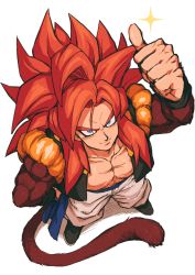 Rule 34 | absurdres, bare pectorals, biceps, blue eyes, body fur, dragon ball, dragon ball gt, from above, fusion, gogeta, hand on own hip, highres, looking at viewer, looking up, monkey boy, monkey tail, no nipples, pectorals, red fur, relio db318, simple background, solo, spiked hair, super saiyan, super saiyan 4, tail, thumbs up, white background