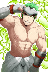 Rule 34 | 1boy, abs, absurdres, artist name, bandaged hand, bandages, bara, clothes around waist, forehead protector, genji (overwatch), green eyes, highres, kuroshinki, large pectorals, looking at viewer, male focus, muscular, muscular male, navel, nipples, overwatch, overwatch 1, pectorals, shirt, shirt around waist, unworn shirt, short hair, sideburns, smile, solo, teeth, topless male, vambraces, veins, veiny arms, white shirt